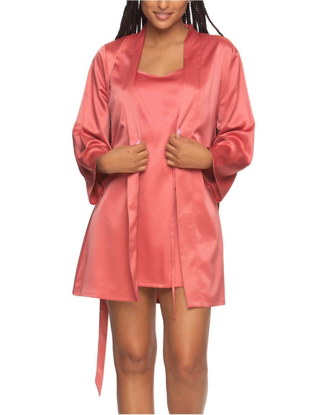 Felina Satin Short Robe & Slip Set in Coral